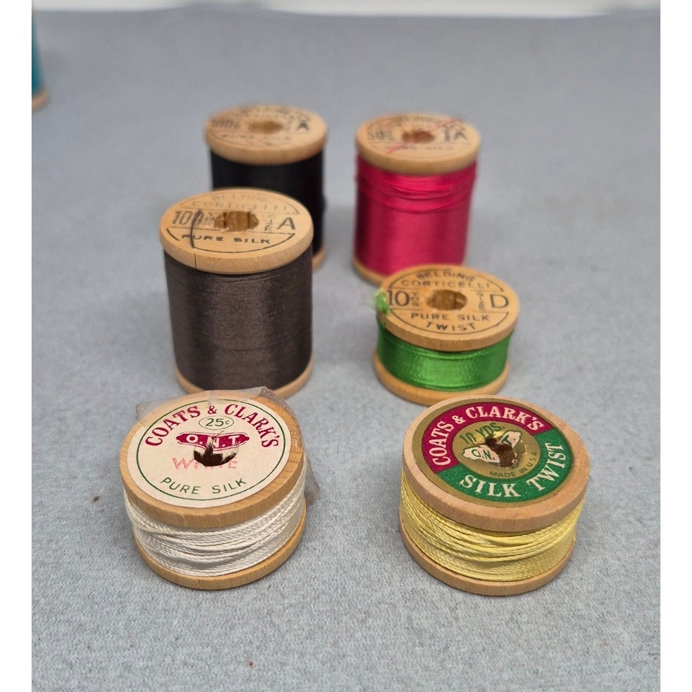 Vintage Belding Corticelli Coats Clarks Wooden Spools Pure Silk Thread Lot 6pc